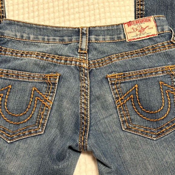 True Religion low rise, Y2K with contrasting, orange stitching denim blue jeans - Picture 7 of 9